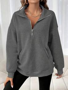 Women's Casual Solid Color Half-Zip Drop Shoulder Sweatshirt With Zipper, Autumn And Winter Everyday Style;Half-Zip Collared Oversized Sweatshirt: Relaxed Fit For Daily/Street Wear;A Sharp Basic Style! Collared Half-Zip Sweatshirt, The Daily Ceiling Of Lazy People's Outfits - 深灰色 - 查看 4