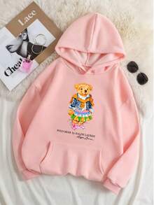 Sudadera hoodie mujer dama bolsillo canguro gorro capucha estampado grafico OSITO POLO COLORES estilo americano juevnil moderno  casual caliente frío uso diario | buena calidad | Textura Suave - Rosa - Ver 1
