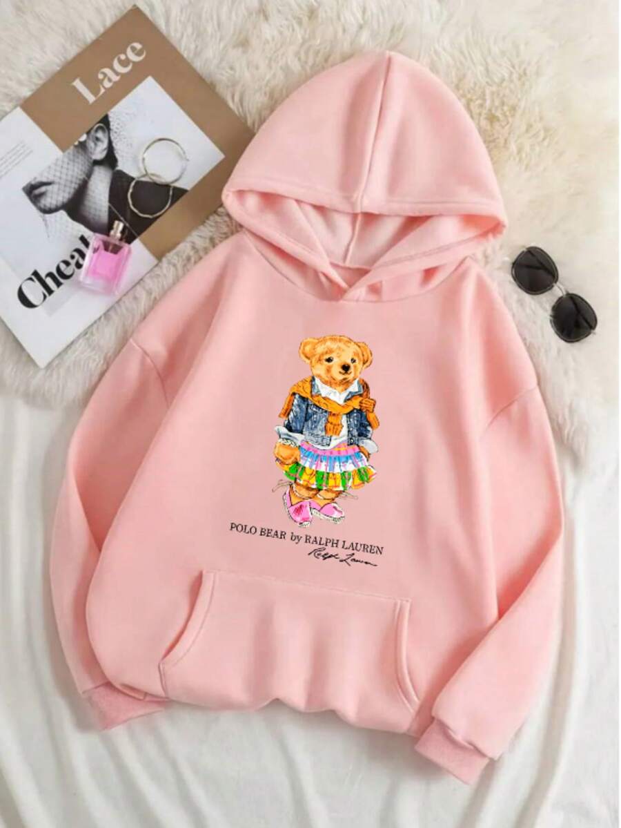 Sudadera hoodie mujer dama bolsillo canguro gorro capucha estampado grafico OSITO POLO COLORES estilo americano juevnil moderno casual caliente frío uso diario | buena calidad | Textura Suave - Rosa - Ver 1