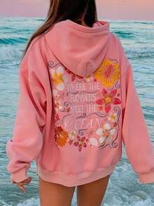 Sleeves, Threadedcasual 2D Printed Women's Hooded Sweatshirt - 粉色 - 查看 5