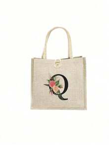 1 Stück Leinen Blumen Buchstaben Handtasche, einfache Handtasche mit großer Kapazität, tragbare lässige Aufbewahrungstasche, multifunktionale Einkaufstasche, personalisiertes Geschenktasche, geeignet für Hochzeiten, Geburtstage, Strände, Festivals, perfekte Geschenke für Frauen, Lehrer, Freunde, Brautjungfern, große Taschen, Studenten und Schulanfang, beste Lehrergeschenke für den Lehrertag, beste Geschenke zur Wertschätzung von Lehrern