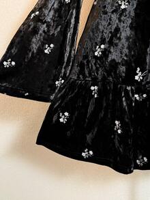 Rusttydustty Damen Große Größen Boho Tee-Party Alltags Nationalität Urlaubs Schwarzes Samt Mini-Kleid mit Blumenstickerei, Bindedetail, A-Linie Langarm Kleid für Cyber Monday, Weihnachten, Thanksgiving, Silvester Partys