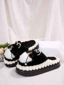 Pantuflas con plataforma de orejas de conejo de peluche y perlas falsas, elegantes y cálidas para el invierno, pantuflas adorables para interiores/exteriores para niñas