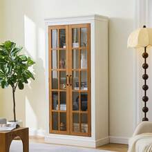 71.2'' Freestanding Pantry Cabinet With Glass Door, Farmhouse Display Cabinets With Adjustable Shelevs, Curio Cabinet With Lattice Window For Hallways, Livingroom Kitchen & Office, White & Brown RR