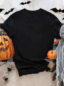 Camiseta de manga corta casual, con estampado de halloween dia de muertos dinosaurio calavera tierno calabaza cómoda y versátil para mujer otoño vernano, adecuada para el hogar y el exterior - Negro - Ver 2