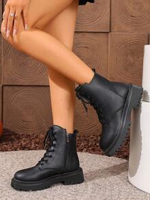 2025 New Autumn/Winter Women's Boots, Fashion Versatile Casual Boots, Side Zipper Women's Ankle Boots, Lace-Up Women's Shoes, Warm Winter Women's Boots, Flat Comfortable Women's Boots, Chelsea Women's Ankle Boots - Black - View 6