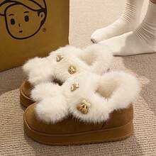 Damen Flauschige Slip-On Pantoffeln mit dicker Sohle, warm gefüttert, rutschfest, bequeme Fellsandalen für den Winter