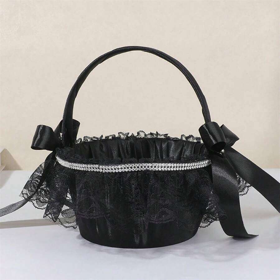 Flower Girl Satin Baskets Elegant Lace Trimmed Handle Bow Rhinestone Flower Baskets For Wedding Ceremony ﻿ - Black - View 1
