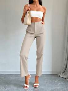 1Pcs Casual Trousers With Draping Effect, Slim - Fitting, For Commuting And Professional Use, Simple And Capable Style, Straight - Leg Cut, Suitable For Office Daily And Business Office Scenarios, Women's Trousers For Spring And Autumn - 杏色 - 查看 3