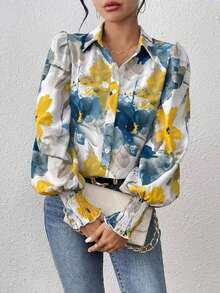 Women's Lantern Sleeve Tie-Dye Front Button Loose Vacation Shirt