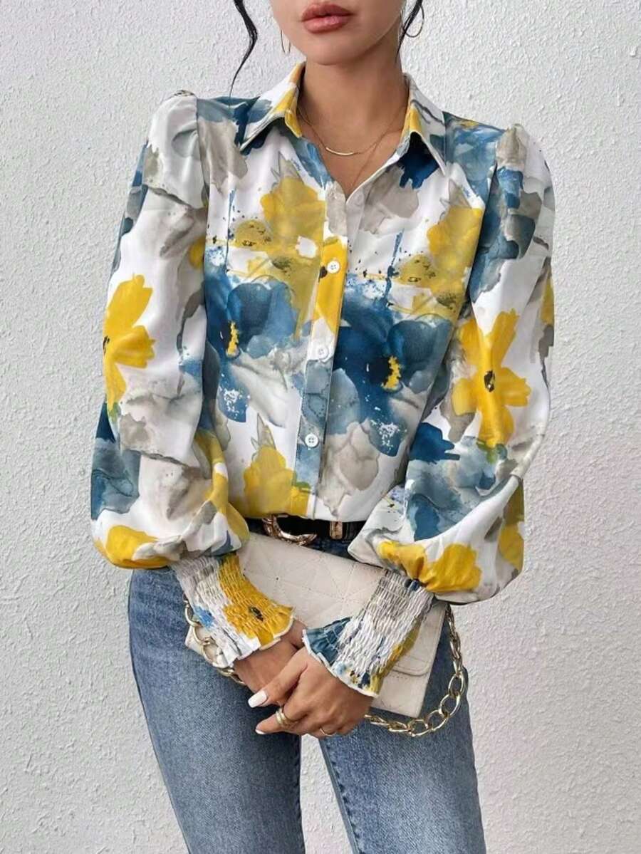 Women's Lantern Sleeve Tie-Dye Front Button Loose Vacation Shirt