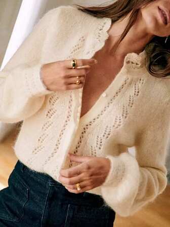 Women's Lightweight Elegant Cardigan Top, Fashionable Solid Color Sweater, Luxury Blouse, Loose Cardigan Top With Button Design, Suitable For Rural And Urban Vacation And Home Wear, Autumn And Winter