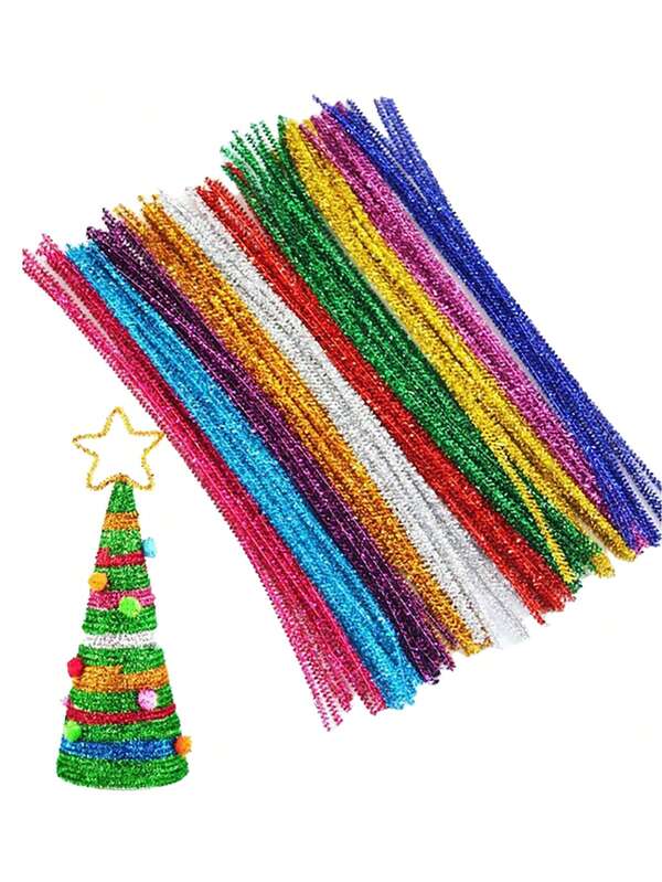 100/200 Stücke bunte Weihnachts-Draht-Verdrehstäbe, Glitzer-Pfeifenreiniger Bastelzubehör, Plüsch-Lametta-Stäbe für Weihnachts-DIY-Basteleien, Festivalgirlanden Party-Geschenke, Handwerks-Dekoration