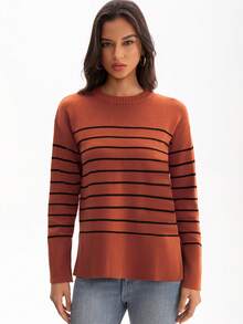 Dammode Casual Randig Design Rund Halsad Tröja - Orange Svart - Visa 6