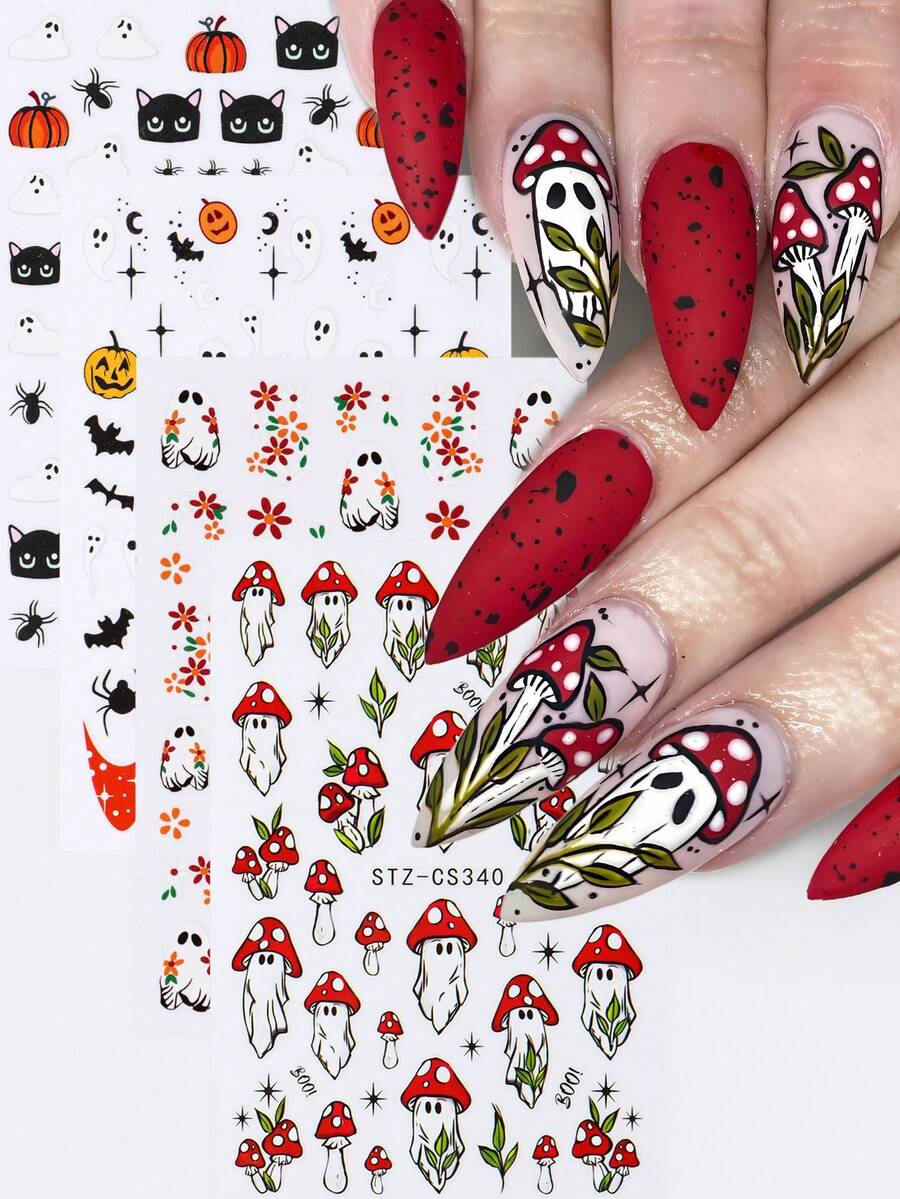 Halloween Nail Stickers Cute Ghost Pumpkin Self Adhesive Nail Decals Spooky Mushroom Ghost Flower Nail Art Design Black Cats Spider Bats French Manicure Supplies For Women DIY Nail Charms Decorations
