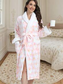 1pc Home Wear Women's Plush Collar Star And Moon Print Mid-Length Robe With Belted Waistrobe Nightgown Loungewear