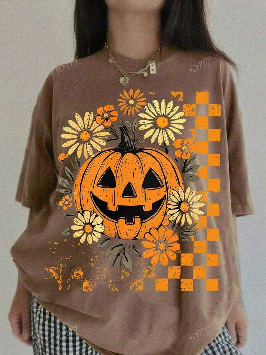 Halloween Pumpkin Devil Vintage T-Shirt, Nightmare Before Christmas Themed, Oversized Loose Fit Round Neck Short Sleeve T-Shirt For WomenLoose And Comfortable - 棕色 - 查看 1
