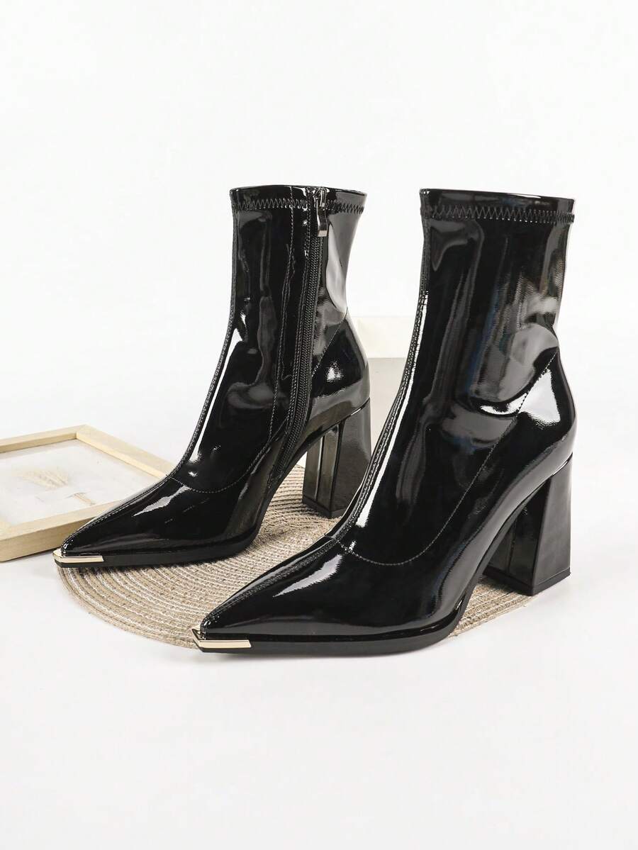 秋冬季8.5厘米粗跟尖头踝靴，黑色，舒适时尚修身女靴 - 黑色 - 查看 1