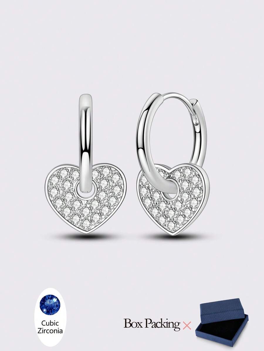1 Pair Original 925 Sterling Silver Heart Shape Cubic Zirconia Pave Set Earrings For Women Ins Style Elegance Jewelry Gifts For Girlfriend Fits Daily Party Shopping - View 1