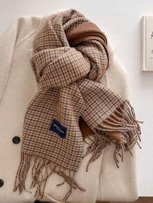 1pc Retro Mini Plaid Tassel Scarf, Unisex Korean Style Houndstooth Fashion Versatile Thick Warm Scarf For Autumn - Multicolor - View 5