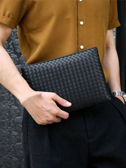 1 bolsa clutch masculina de tecido trançado preto e marrom, cor sólida, grande capacidade com zíper, alça de pulso, porta-arquivos, bolsa para celular, porta-moedas, adequada para negócios, deslocamento, trabalho, viagens