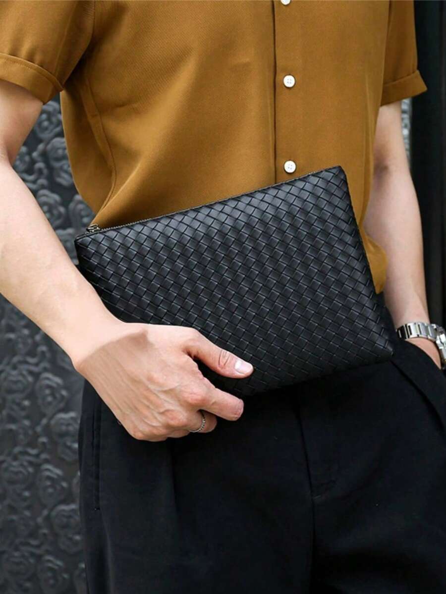 1 pieza Nuevo bolso de mano de hombre de unicolor negro y marrón tejido, de gran capacidad con cremallera, correa de muñeca, portadocumentos, bolsillo para teléfono, monedero, adecuado para negocios, ir al trabajo, viajes