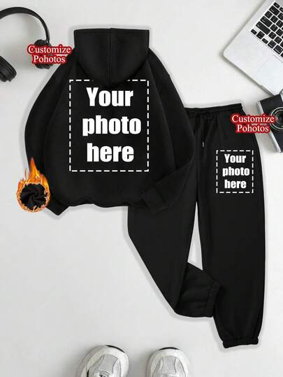 Conjunto de sudadera con capucha y pantalón de chándal, personalizable como regalo de Acción de Gracias o Navidad - Sudaderas personalizadas para mujer, que le permiten agregar su propio texto/imágenes (diseño de insignia/logotipo de la empresa/foto familiar/selfie) para diseñar su propia sudadera impresa personalizada. Un regalo perfecto para su novia, conjunto de cita de pareja, conjunto de sudadera y pantalón de chándal, adecuado para fotos de pareja/selfies (perro, gato), decoración elegante, artículo