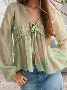 Women's Knitted Fabric V Neck Long Sleeve Flared Ruffle Knot Detail Casual Top - màu xanh lá - Xem 3