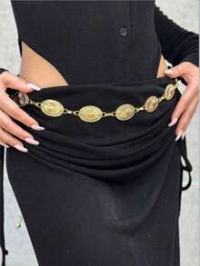 1pc Bohemian Oval Gold Waist Chain, Women's Fashion Body Jewelry Accessory, Suitable For Halloween, Summer, School Autumn, Autumn Dress And Jeans Outfit