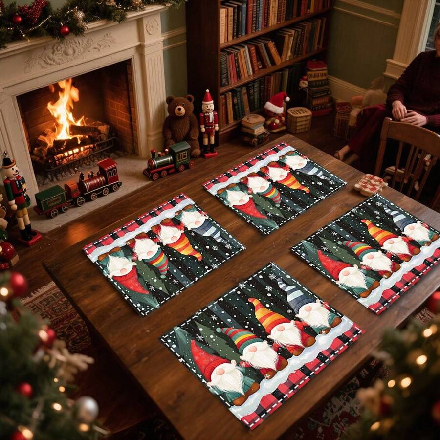 1 set/1 pièce/4 pièces/6 pièces Sets de table motif Lutin de Noël et Sapin de Noël, sets de table rectangulaires en polyester lavables en machine, protège-tables, sets de table isolants thermiques, décorations de table de restaurant, fournitures de fête, décorations de Noël pouvant être offerts en cadeau
