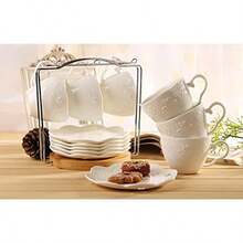 White Porcelain 5OZ Tea Cup And Saucer Coffee Cup Set With Saucer And Spoon Set Of 6 6 Tea Cup Set With Bracket - White - View 4