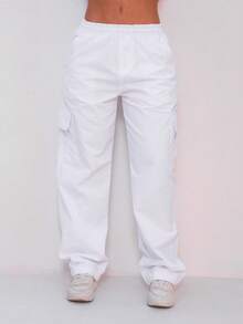 WOMEN'S SKATEBOARD WIDE TWILL CARGO JOGGER PANTS, CASUAL, 5 POCKETS, DRAWSTRING CLOSURE, UNISEX FASHION - 白色 - 查看 4