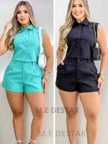 Women's Modern Sleeveless Tailored Set With Cropped Shirt And High-Waisted Shorts, Elegant And Comfortable For Everyday And Outings" - GREEN WATER - View 1