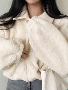 Women Elegant Zip Up Lamb Wool Short Jackets Coats Early Spring Fashion New Solid Chic Teddy Jacket Valentine's Day Outfit Couple Coat Spring To Summer Going Out Tops Gym Wear Casual Loose Fit Long Sleeved Spring Break Outfits Overcoats Female Street Outerwear Party Clothes - Apricot - View 3