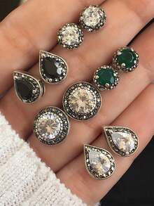 5pairs Bohemian Style Vintage Imitation Gemstone Crystal Teardrop Shaped Women Stud Earrings Set - Multicolor - View 7