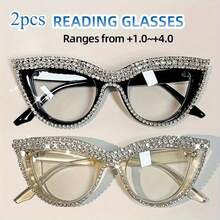 2 Pairs Of Women's Cat Eye Blue Light Blocking Reading Glasses, Diamond-Encrusted PC Frame - Non-Prescription Magnifying Glasses With Blue Light Filter Suitable For Computers, Tablets, Smartphones, Kindles - Ideal Gift For Book Lovers, Suitable For Home Office And Party Wear (Black And Transparent, Compatible With Progressive Lenses) - Fashionable And Practical Daily Women's Glasses, Perfect Luxurious Gift For Girlfriend/Mom On Holidays - Black+Champagne - View 1