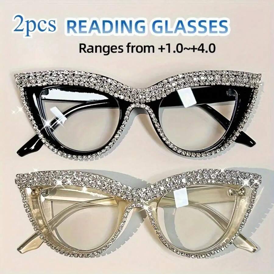 2 Pairs Of Women's Cat Eye Blue Light Blocking Reading Glasses, Diamond-Encrusted PC Frame - Non-Prescription Magnifying Glasses With Blue Light Filter Suitable For Computers, Tablets, Smartphones, Kindles - Ideal Gift For Book Lovers, Suitable For Home Office And Party Wear (Black And Transparent, Compatible With Progressive Lenses) - Fashionable And Practical Daily Women's Glasses, Perfect Luxurious Gift For Girlfriend/Mom On Holidays - Black+Champagne - View 1