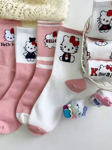 5 Pairs Ruffle Trim Mid-Calf Socks, Cute Cartoon Fashion Versatile Loose Socks