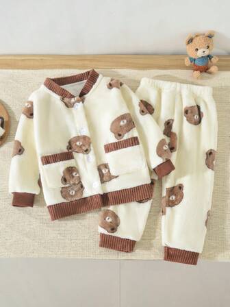 冬季儿童套装男童女童新款保暖毛绒卡通小熊印花长袖上衣单排扣两件套