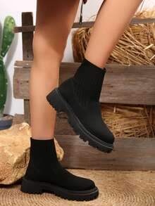 Black Slip-On Fabric Motorcycle Boots, Fashionable & Elegant For Office Wear, Autumn/Winter New Design With Patchwork, Flat Ankle Boots For Women - Black - View 4
