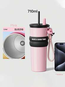 大容量 500ml/680ml/700ml/710ml 保温杯 – 带盖不锈钢咖啡杯，冷热饮旅行杯，车载杯架，FrienGrade 材质，带吸管盖架的壶嘴盖，防滑硅胶手持带，便携，适合户外、露营、办公室，可作为送给女朋友、学生、男孩的水瓶礼物