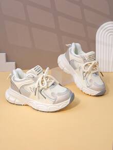 Zapatos deportivos para niños de primavera y otoño, zapatos de malla para niños, zapatos escolares para niñas con parches de malla, diseño de bloques de color con suela gruesa y zapatillas chunky, cómodas y versátiles (el patrón de la plantilla y la forma superior de malla son aleatorios). Se sugiere pedir una talla talla grande grande. - Beis - Ver 7