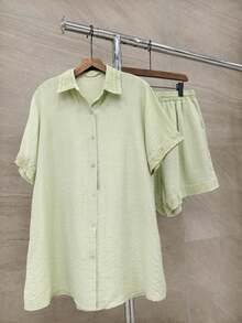 conjunto plusai bordado Linho importado femininas modas LF15561p(short com forro)  Simples    Casual  elegante    Botões na frente  Botão    Casa