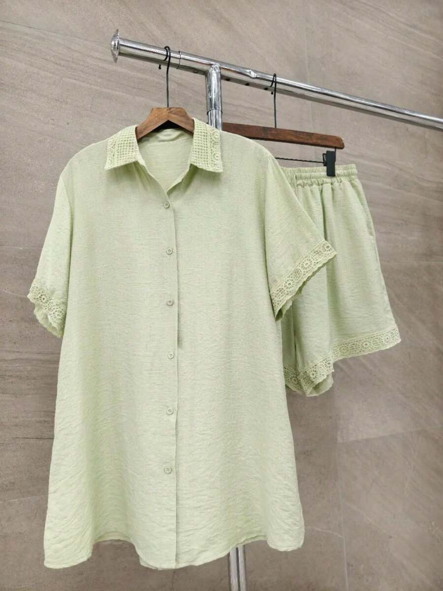 conjunto plusai bordado Linho importado femininas modas LF15561p(short com forro)  Simples    Casual  elegante    Botões na frente  Botão    Casa