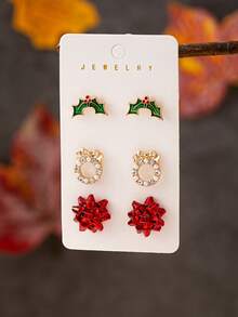3 Pairs Christmas Wreath Bow Earrings Set, 2025 Winter Holiday Christmas Earrings Jewelry Set, Suitable For Women And Girls - Christmas Wreath Earring Set - View 1