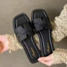 Damen neue quadratische Zehenslippers - modisch & vielseitig - bequeme Innensohle - Damen Slippers, geeignet für Gehen, Sommerurlaub, Lässig-Anlässe, Damen Flachslippers, einfaches Design, Riemen Flache Römische Strandsandalen