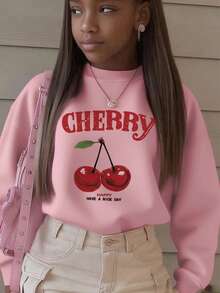 1 件女童休闲樱桃印花圆领运动衫，秋冬厚长袖学生套头衫 - 粉色 - 查看 8