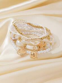 7pcs/Set Rice Bead, Pearl, Alloy Starfish Decor Multi-Layer Bracelet For Women