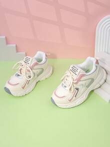 春秋儿童运动鞋，儿童网眼鞋，女童校鞋网眼拼接，拼色设计厚底厚底运动鞋，舒适百搭（鞋垫图案、网眼鞋面形状随机）建议订购大一码。 - 淺粉色 - 查看 5