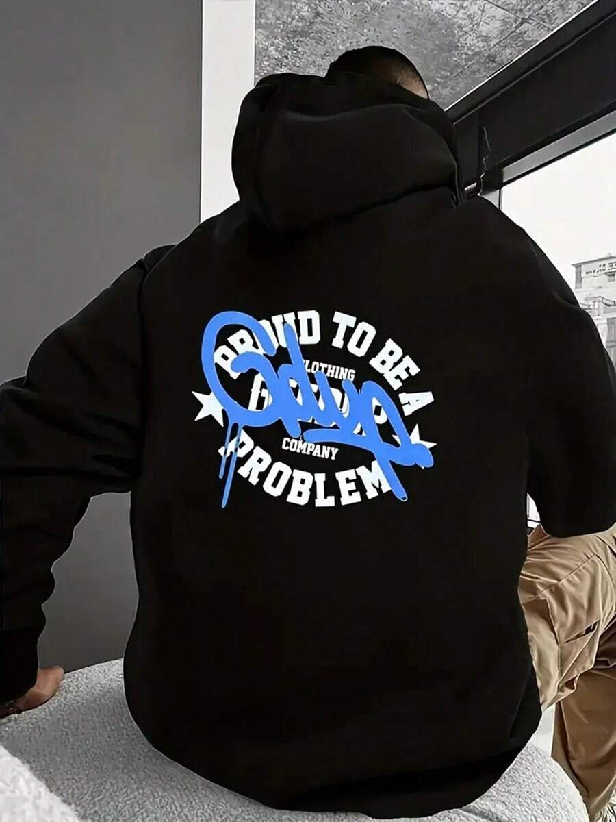 Men's Graphic Print Hooded Sweatshirt - Black With Blue Geometric Design, Loose Fit Long Sleeve Casual Streetwear For Teens & Young Adults, Sporty Comfortable Pullover,Fall Hoodies,Men's Fall Clothes,Street Wear,Halloween,Mens Hoodies,Y2k Clothes,Jesus Hoodie,Thanksgiving Day,Nightmare Before Christmas,Christmas - Black - View 1